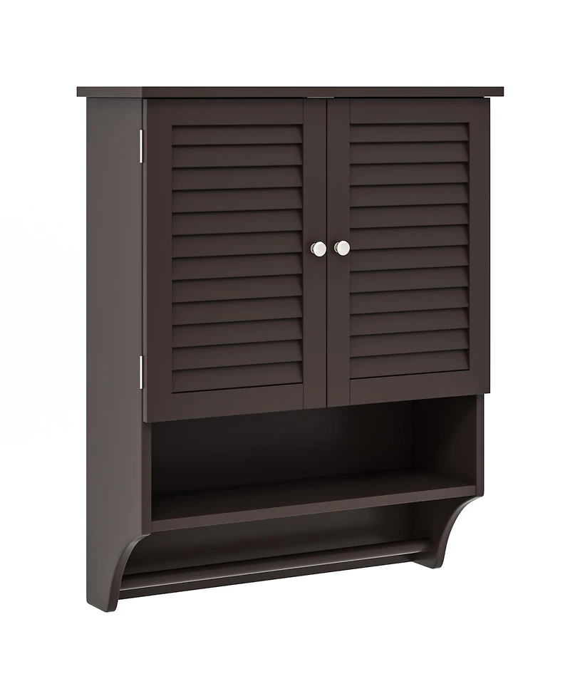 2-Doors Bathroom Wall-Mounted Medicine Cabinet with Towel Bar-Brown