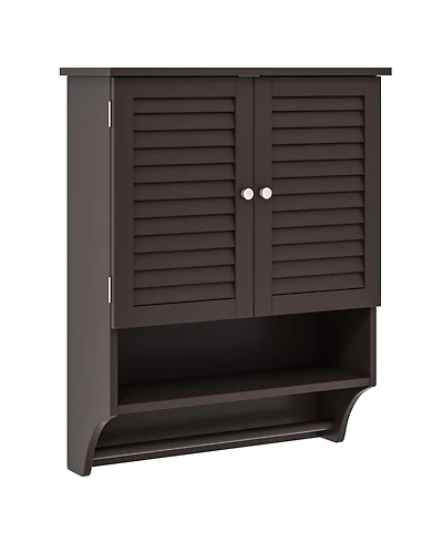 2-Doors Bathroom Wall-Mounted Medicine Cabinet with Towel Bar-Brown