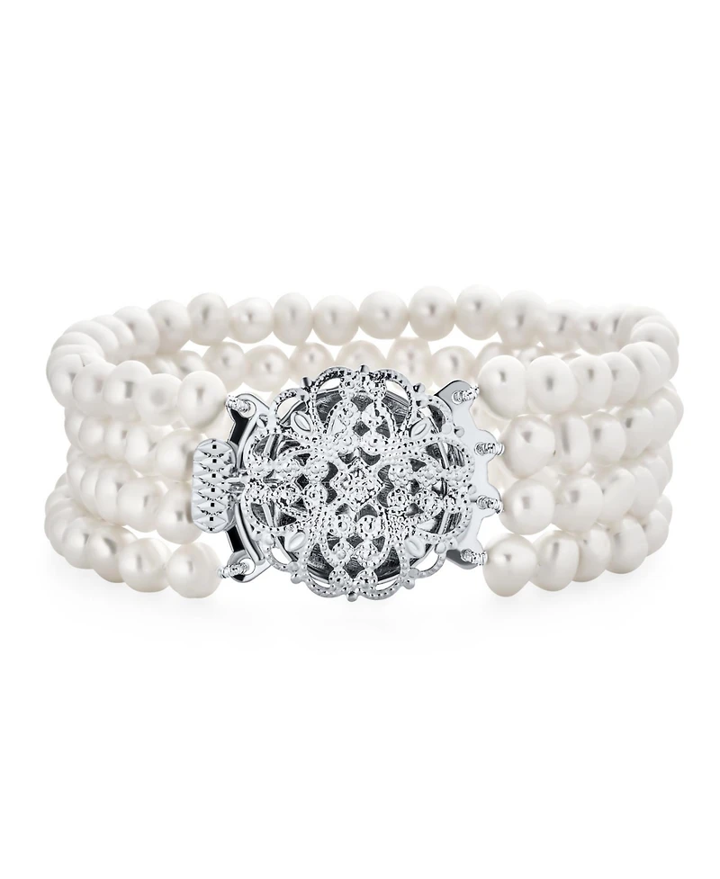 Bling Jewelry Antique Art Deco Style Wide Statement Four Multi Strand White Freshwater Cultured Pearl Bracelet Silver Plated Brass 7.5"