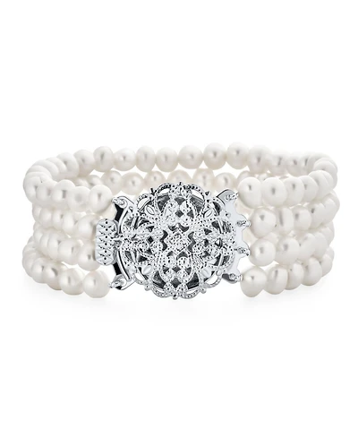 Bling Jewelry Antique Art Deco Style Wide Statement Four Multi Strand White Freshwater Cultured Pearl Bracelet Silver Plated Brass 7.5"