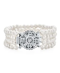 Bling Jewelry Antique Art Deco Style Wide Statement Four Multi Strand White Freshwater Cultured Pearl Bracelet Silver Plated Brass 7.5"