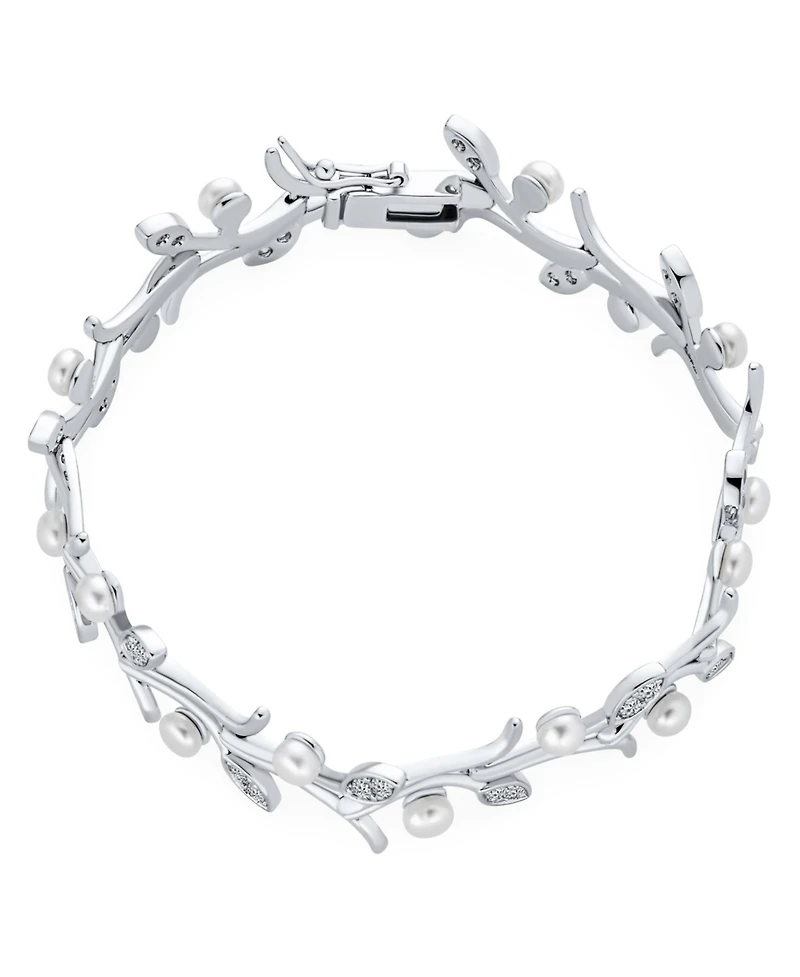 Bling Jewelry Multi Flowers Cz Wine Leaf White Freshwater Cultured Button Pearl Bracelet For Women Rhodium 7 Inch