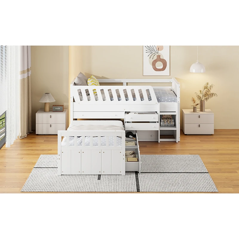 Streamdale Loft and Platform Bed with Drawers Guardrails (White)