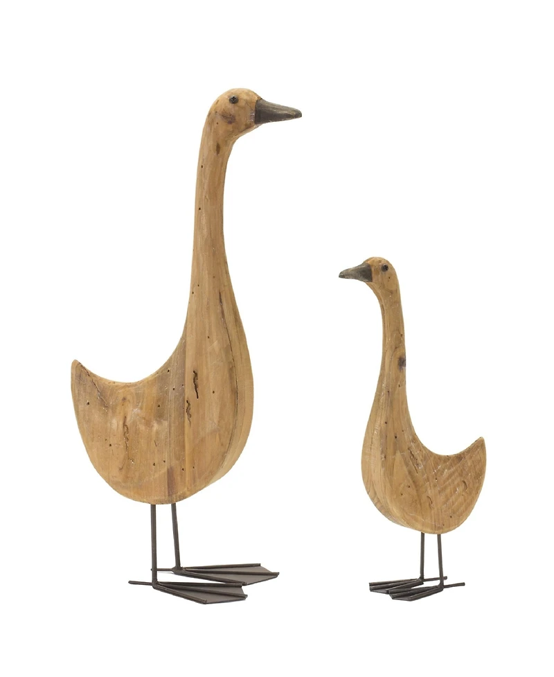 Slickblue Set of 2 Natural Fir Wood Goose Figurines with Rustic Metal Accents