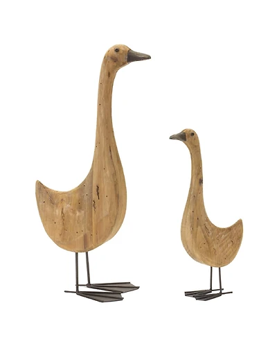 Slickblue Set of 2 Natural Fir Wood Goose Figurines with Rustic Metal Accents