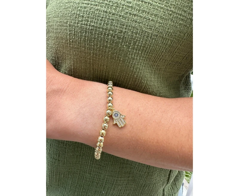 Rivka Friedman Dangling Hamsa Charm Polished Bead Stretch Bracelet