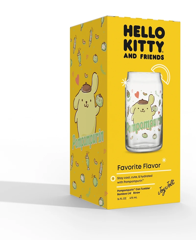 JoyJolt Hello Kitty and Friends Favorite Flavor Pompompurin Can Shaped Glass Tumbler with Wood Lid and Straw