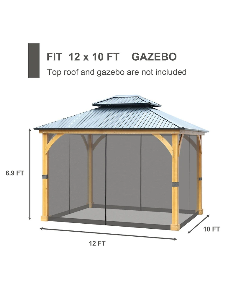 Aoodor Gazebo Netting 10' x 12' Polyester Screen Replacement 4 Panel Sidewalls for Patio (Only Netting)