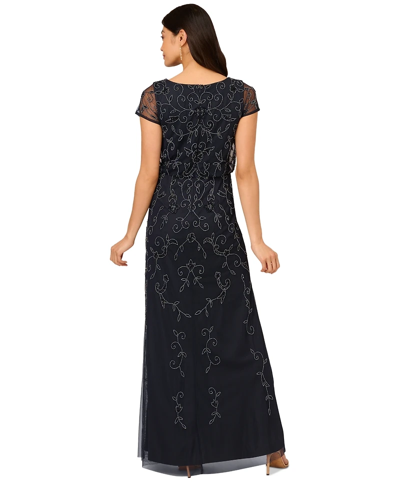 Adrianna Papell Petite Boat-Neck Short-Sleeve Beaded Blouson Gown