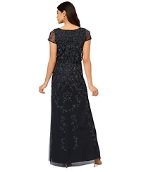 Adrianna Papell Petite Boat-Neck Short-Sleeve Beaded Blouson Gown
