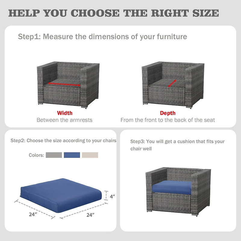 Aoodor Outdoor Chair Cushion W24''xD24'' Soft, Fade-resistant Polyester, Removable Cover with Hidden Zipper, Adaptable Secure Ties