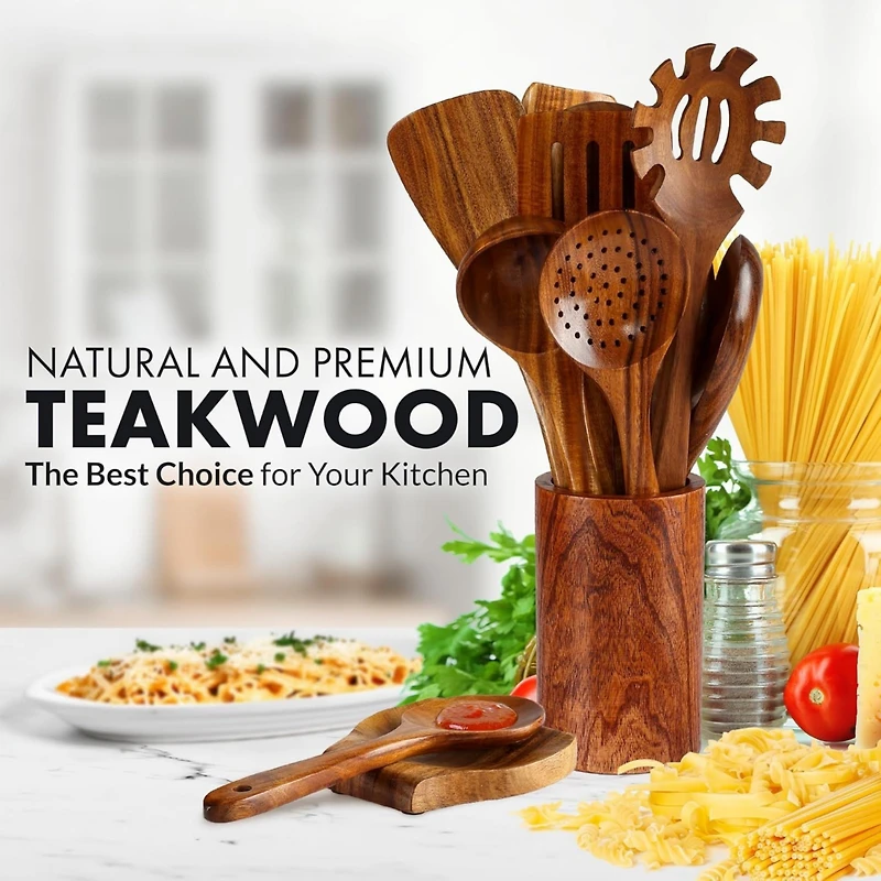 Zulay Kitchen 12-Piece Teak Wooden Utensils for Cooking - Natural Teak Utensil Set