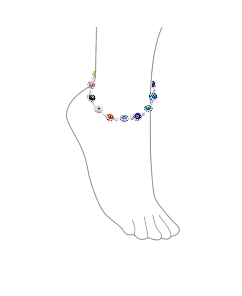 Bling Jewelry Amulet Turkish Multi Color Charm Retro Flower Power Floral Round Flower Frame Evil Eyes Anklet Link Ankle Bracelet Sterling Silver 9 Inc