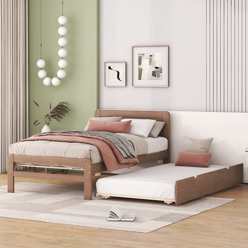 Streamdale Modern Twin Size Platform Bed with Trundle (Walnut)
