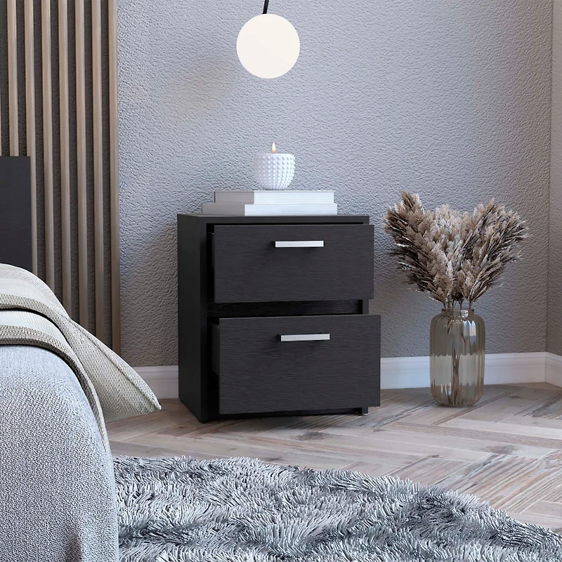 Simplie Fun Trivor 2 Drawers Nightstand, Metal Handles - Black