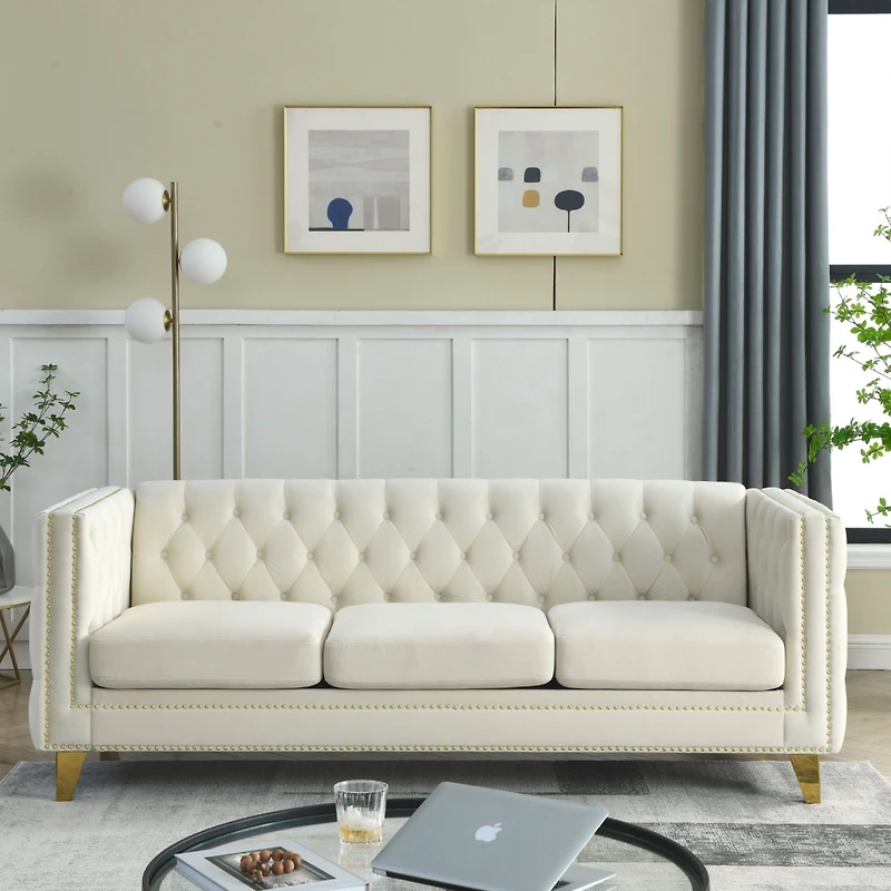 Streamdale Furniture Beige Velvet Sofa with Tufted Arms and Metal Legs