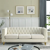 Streamdale Furniture Beige Velvet Sofa with Tufted Arms and Metal Legs