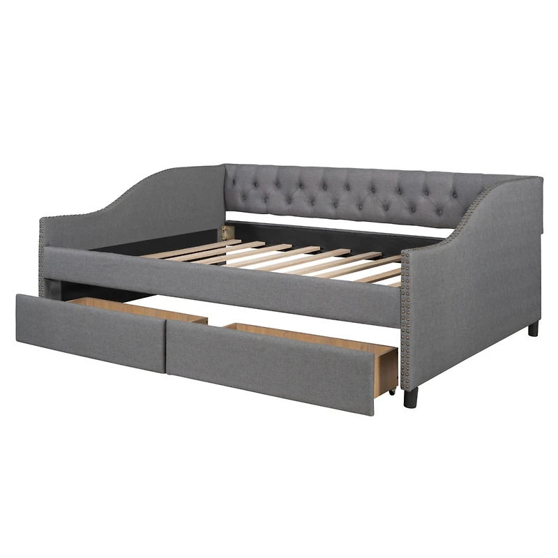 Streamdale Upholstered Daybed With Two Drawers, Wood Slat Support Full Size