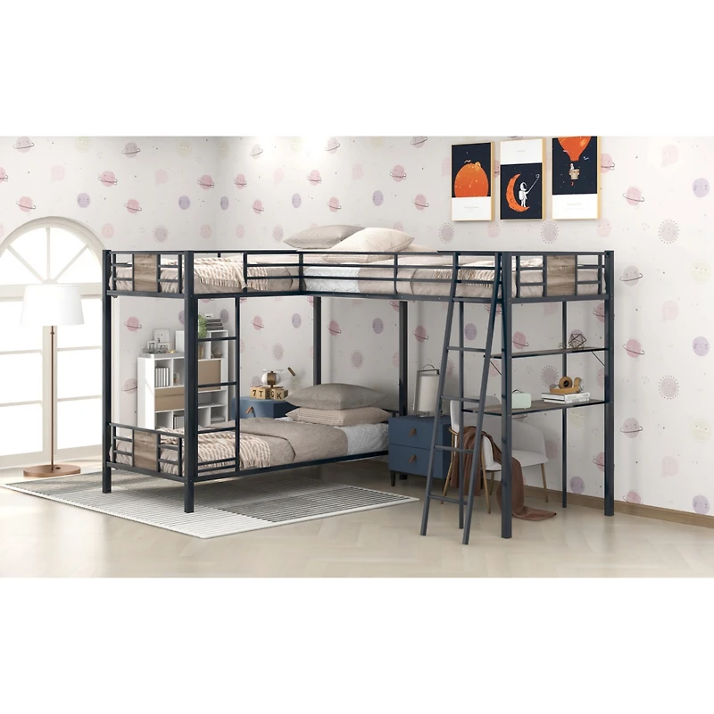 Simplie Fun L-Shaped Twin Over Twin Bunk Bed With Twin Size Loft Bed With Desk And Shelf, Brown