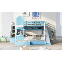 Simplie Fun Full-Over-Full Castle Style Bunk Bed with 2 Drawers 3 Shelves and Slide - White