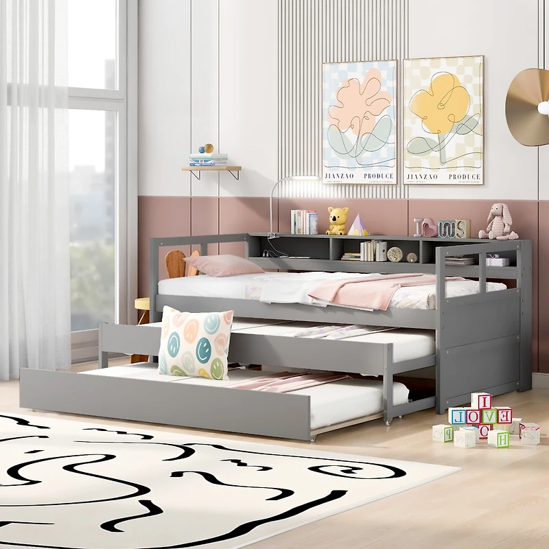 Streamdale Twin Xl Wood Daybed with Trundles, Cubbies, & Charging