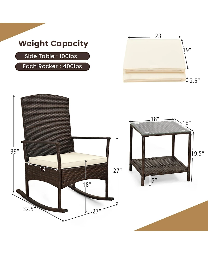 Gymax 3 Pieces Rocking Wicker Bistro Set Outdoor Front Porch Rocker Chairs Conversation Turquoise