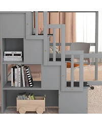 Full Size Loft Bed With Desk, Storage Shelves And Staircase, Grey