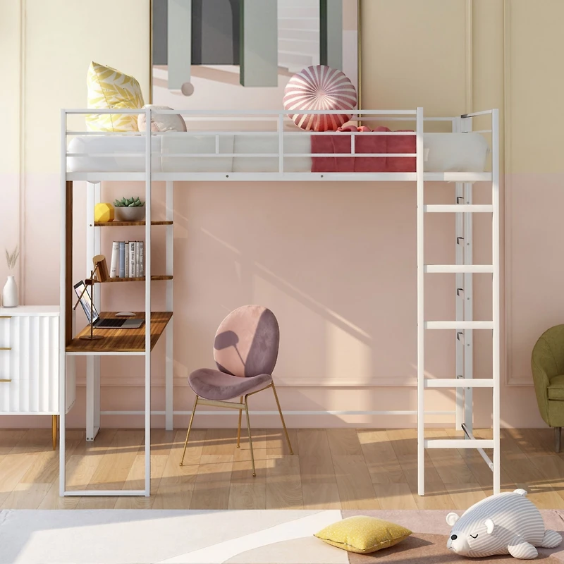Streamdale Full Metal Loft Bed With 2 Shelves And One Desk