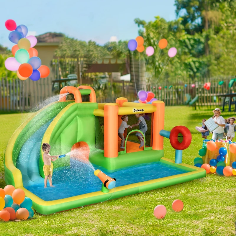 Outsunny 7-in-1 Backyard Inflatable Bounce House W/ Slide & Water Blaster