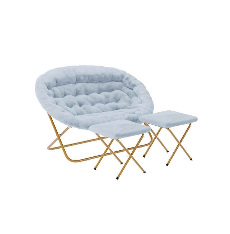 Janey Folding Double Saucer Chair With 2 Ottomans And Steel Frame For Dorm Or Bedroom