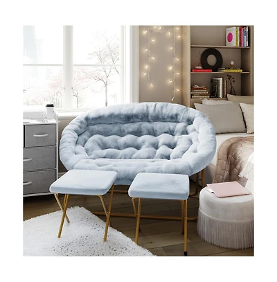 Janey Folding Double Saucer Chair With 2 Ottomans And Steel Frame For Dorm Or Bedroom