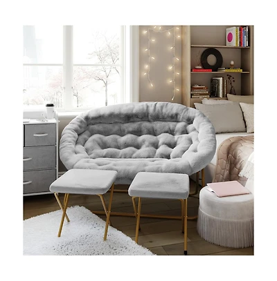 Janey Folding Double Saucer Chair With 2 Ottomans And Steel Frame For Dorm Or Bedroom