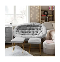 Janey Folding Double Saucer Chair With 2 Ottomans And Steel Frame For Dorm Or Bedroom