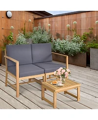 Gymax 3 in 1 Acacia Wood Furniture Set Patio Outdoor w/ Cushion Coffee Table