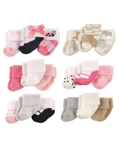 Luvable Friends Baby Girls Cotton Terry Socks, 18-Piece, Ladybug Safari Pink Black, 0-3 Months