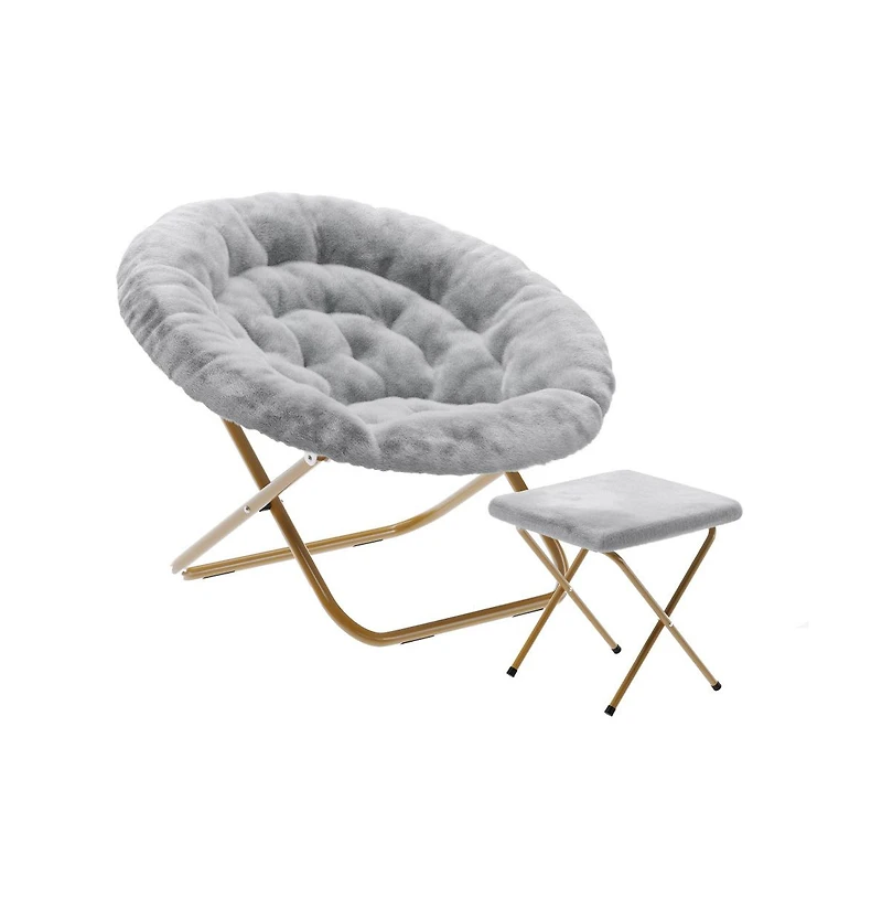 Emma+Oliver Ersa Oversize Folding Saucer Moon Chair And Ottoman For Dorm Bedroom With Steel Frames