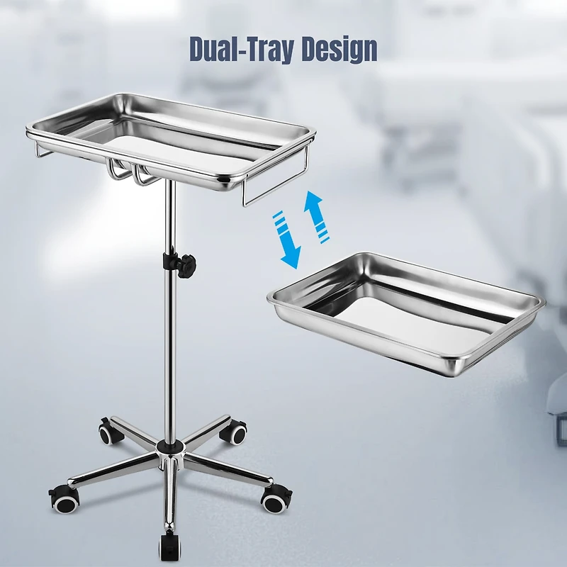 Mobile Mayo Stainless Steel Tray Stand Trolley Medical Doctor Salon Equipment