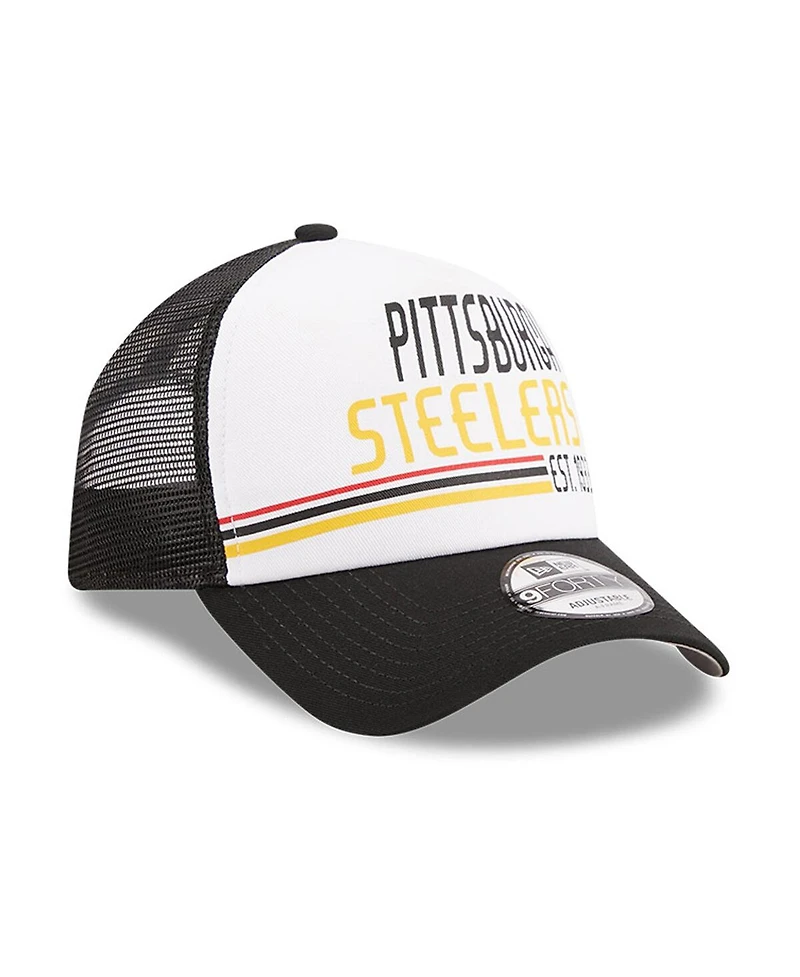 New Era Men's White/Black Pittsburgh Steelers Stacked A-Frame Trucker 9FORTY Adjustable Hat