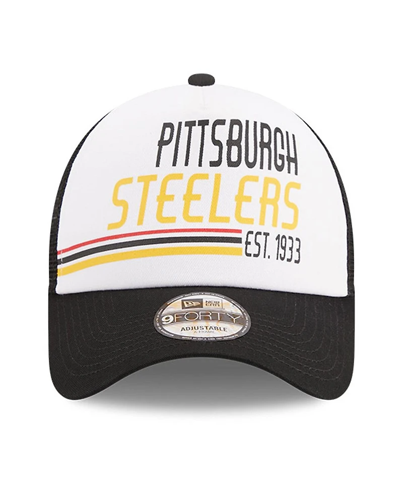New Era Men's White/Black Pittsburgh Steelers Stacked A-Frame Trucker 9FORTY Adjustable Hat