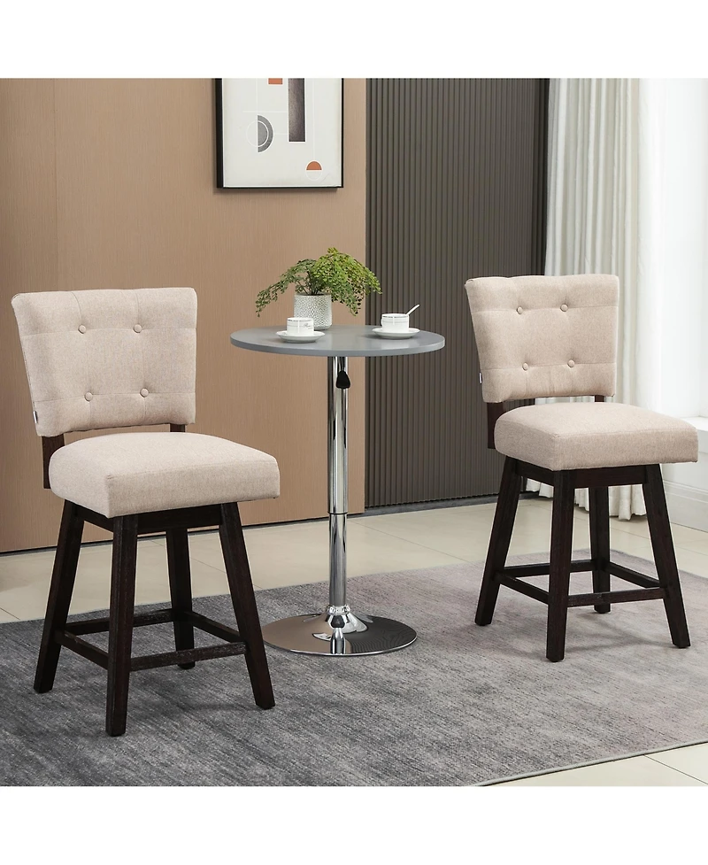 Homcom Counter Height Bar Stools Set of 2, Fabric Tufted Swivel Barstools 26.5 Inch Seat Height with Rubber Wood Legs and Footrest for Dining Room, Ki