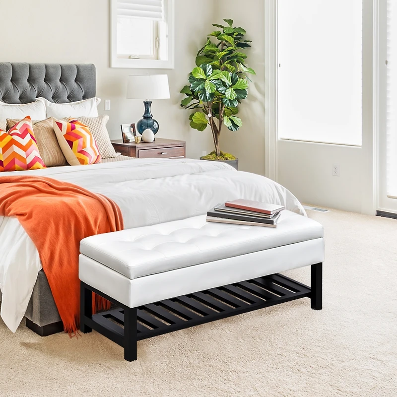 Homcom Pu Leather Ottoman Bed Bench Storage Footstool Organizer W/ Shoe Rack