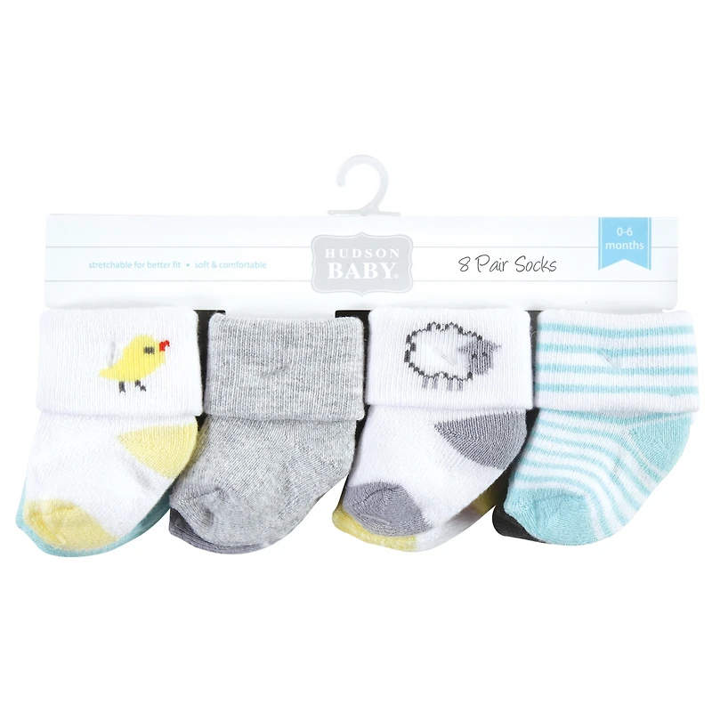 Hudson Baby Baby Boys Hudson Grow with Me Cotton Terry Socks, Farm 8-Pack, 0-6 and 6-12 Months