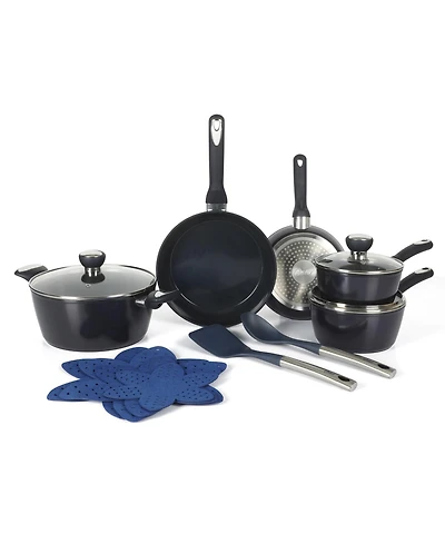 Oster Hawke 14 Piece Aluminum Premium Pfa Free Ceramic Nonstick Blue Sapphire Pots and Pans Cookware Set W/ Induction Base