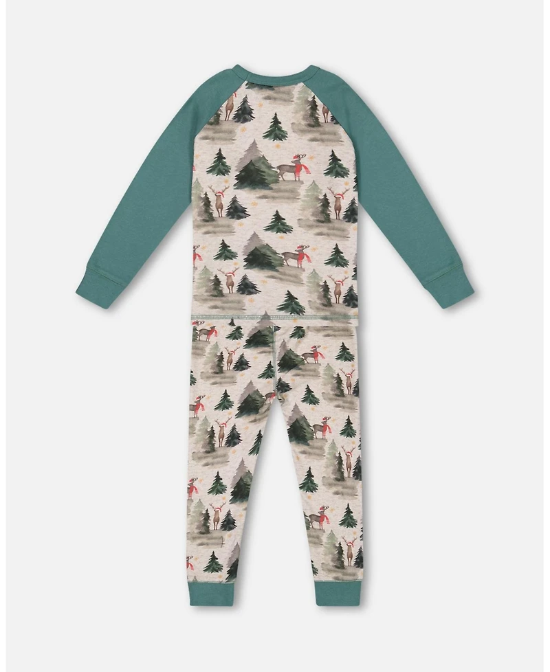 Deux par Deux Little Boys Organic Cotton Two Piece Pajama Set Gray Mix And Green Printed Reindeer - Toddler|Child