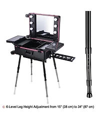 Byootique Rolling Makeup Case with Bulb Mirror Adjustable Leg Detachable Wheel