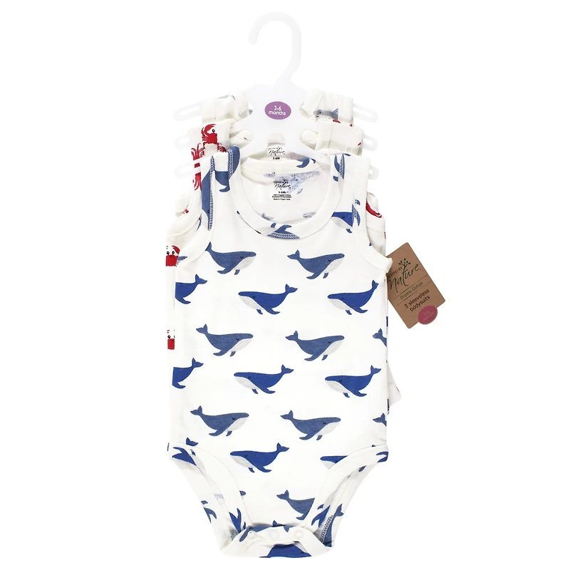 Touched by Nature Baby Boys Organic Cotton Sleeveless Bodysuits, Mystic Sea Creatures, 3-6 Months