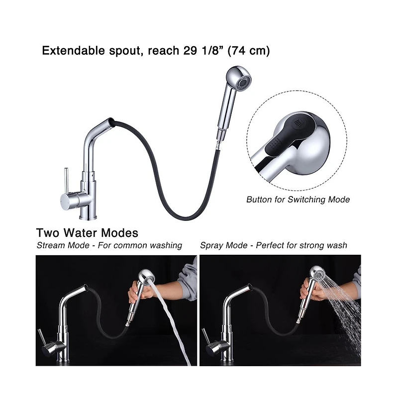 Stainless Steel Kitchen Sink Faucet Pull Out Dual Function Mixer Taps 1 Handle Long Neck