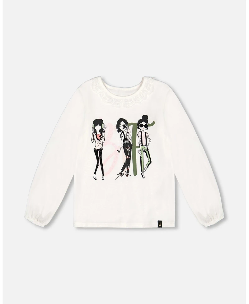 Deux par Deux Little Girls Print T-Shirt With Lace Off White - Toddler|Child