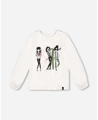 Deux par Deux Little Girls Print T-Shirt With Lace Off White - Toddler|Child