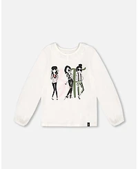 Deux par Deux Little Girls Print T-Shirt With Lace Off White - Toddler|Child